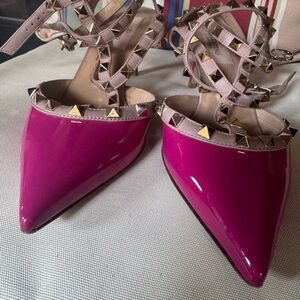 Valentino Fuchsia Rockstud T-Strap Kitten Heels